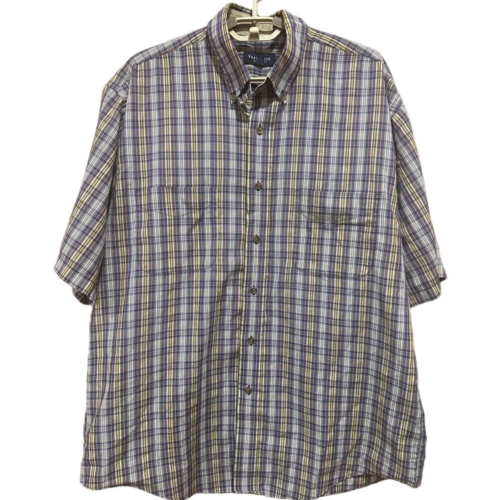 Van Heusen Shirt Men Size M Blue Purple Green Plaid Button Up Short Sleeve 90s